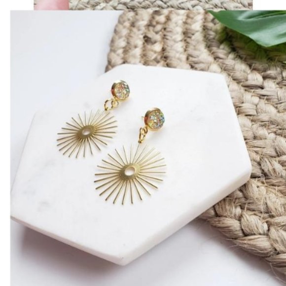 Brass Sun Beam Earrings Druzy Gold Finish Handmade - Picture 3 of 4